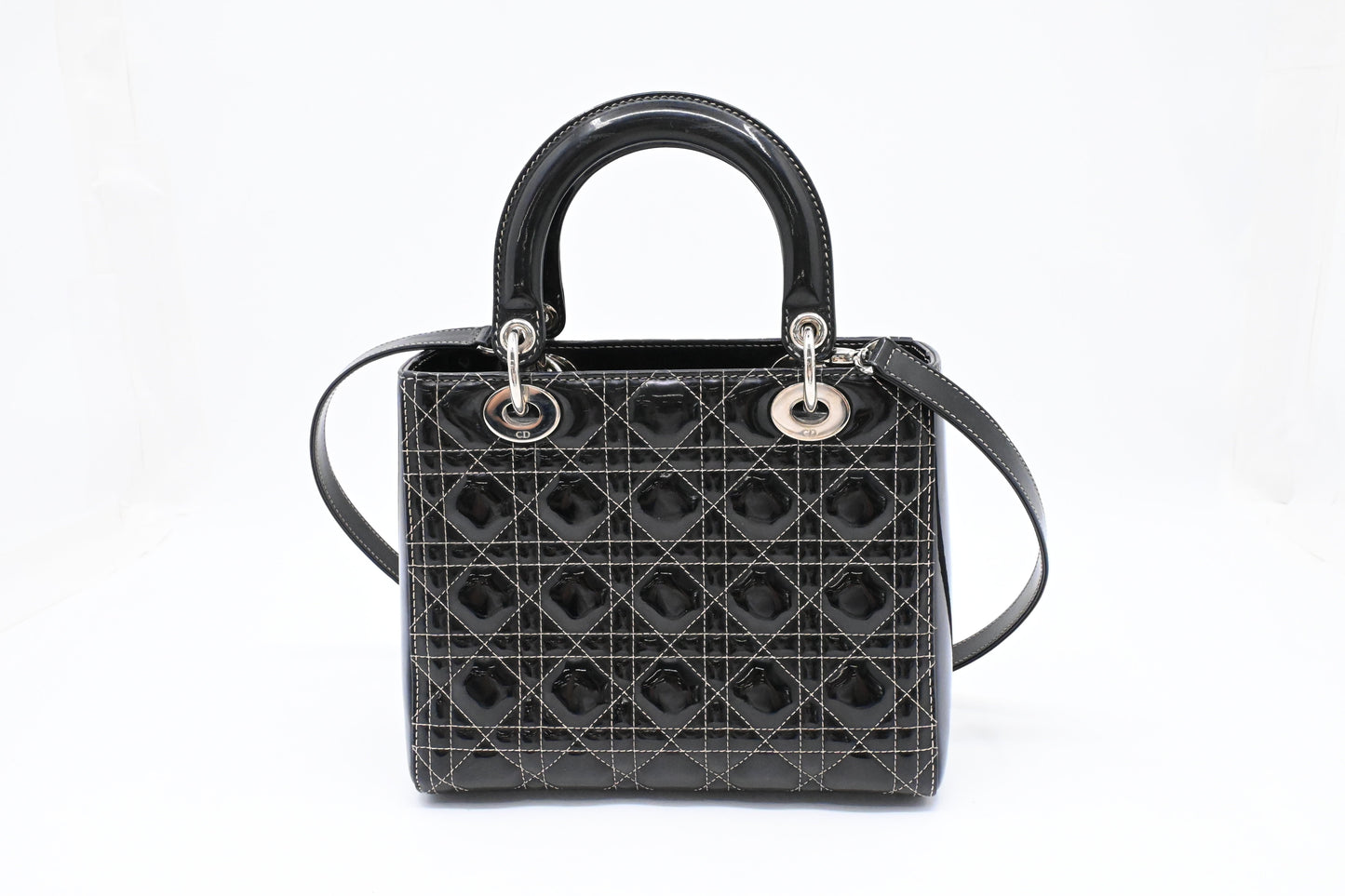 Dior Lady D In Cannage Patent Handbag Leather Black Travel Bag