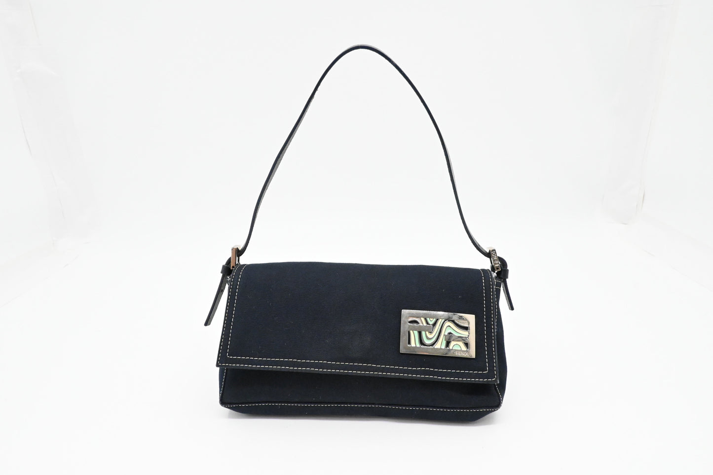 Fendi Baguette In Dark Handbag Canvas Blue Shoulder Bag