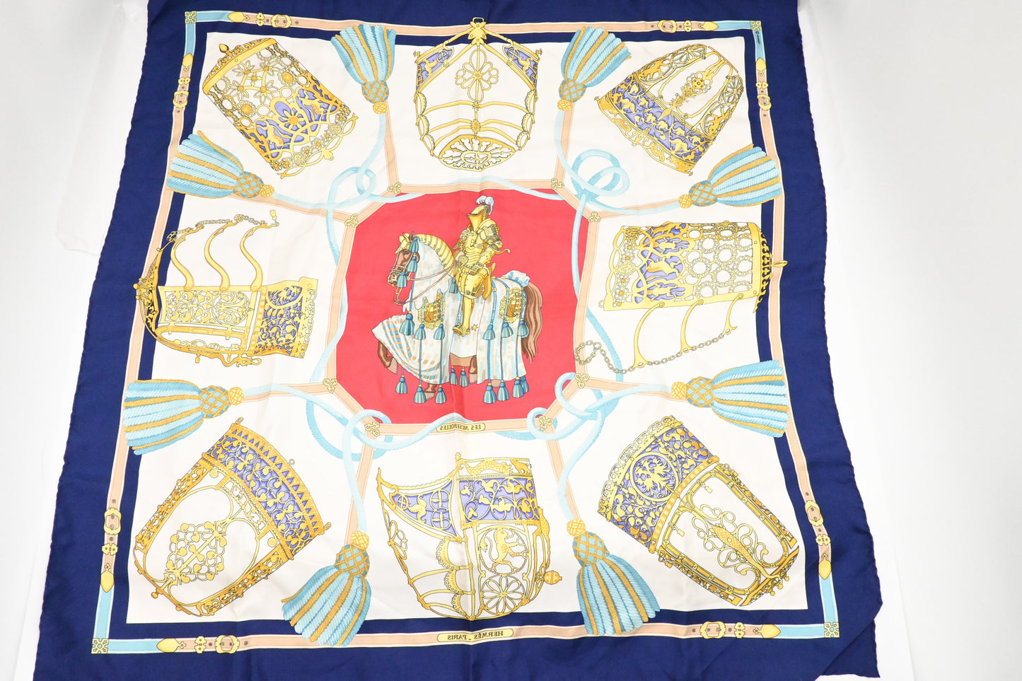 Hermes 'Les M Rolles' Carre In Navy Silk Blue Travel Bag