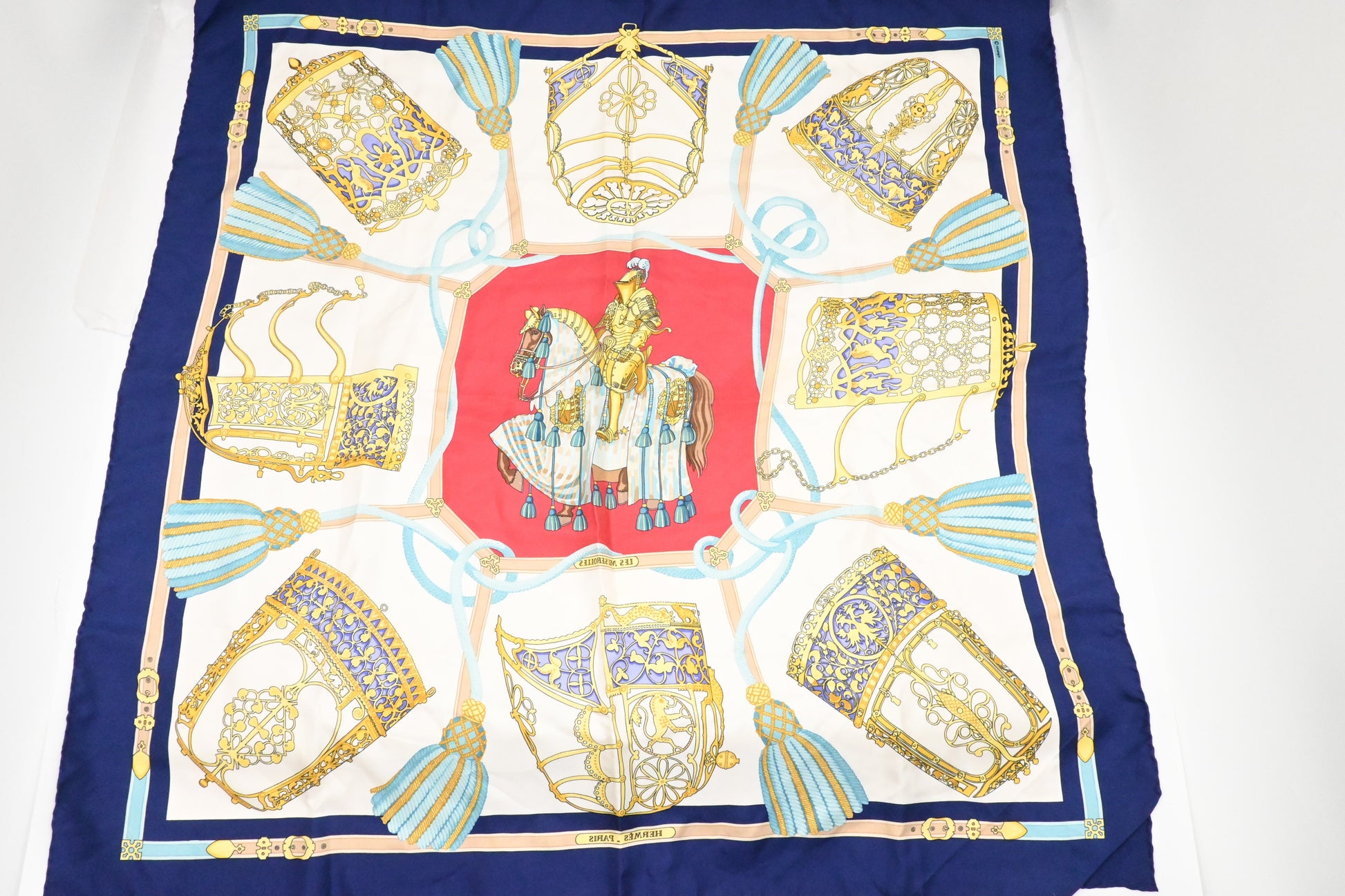 Hermes 'Les M Rolles' Carre In Navy Silk Blue Travel Bag