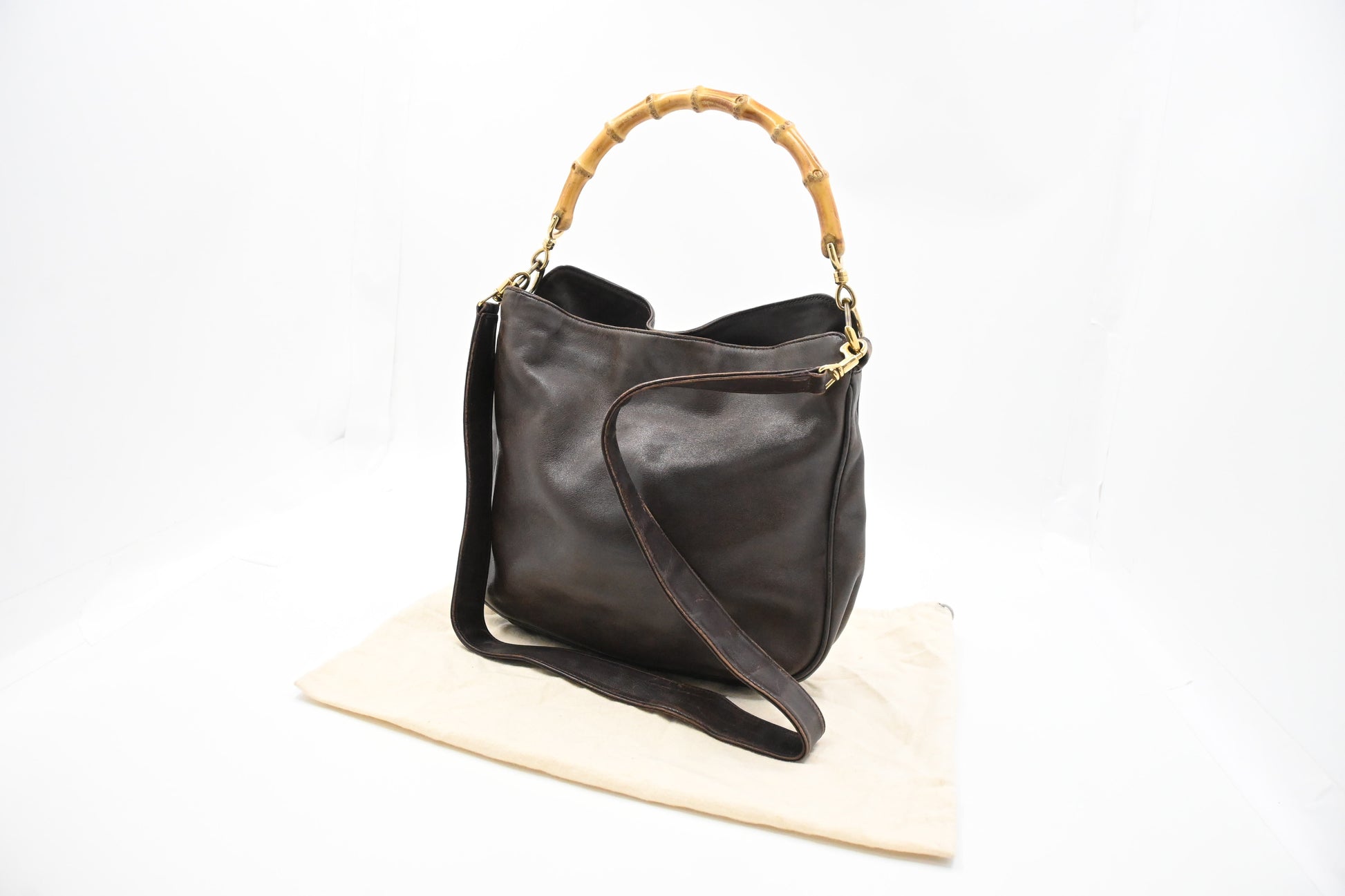 Gucci 2-Way Bamboo Leather Black Brown Tote Bag