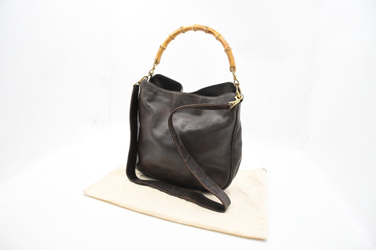 Gucci 2-Way Bamboo Leather Black Brown Tote Bag