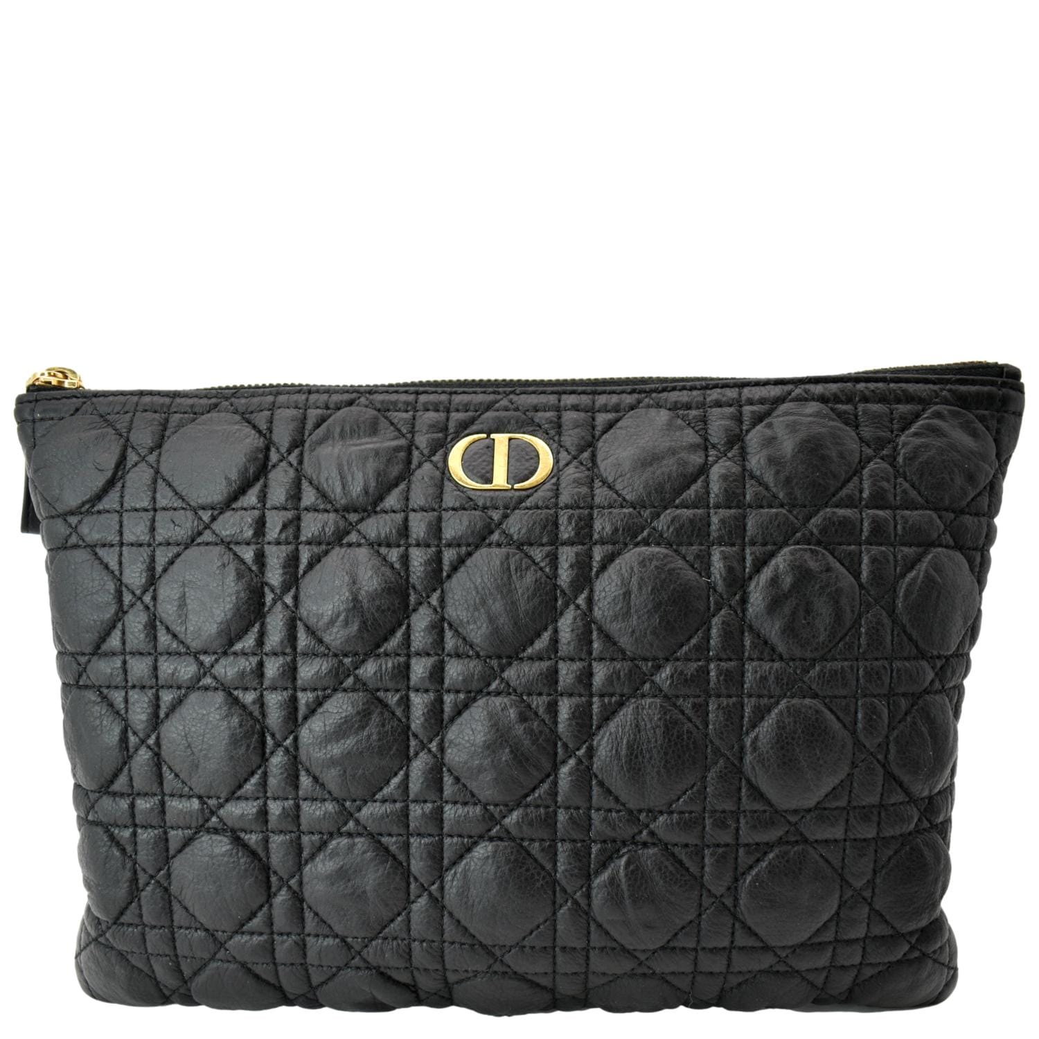 Dior Caro Daily Cannage Calfskin Zipped Pouch Handbag Black Travel Bag