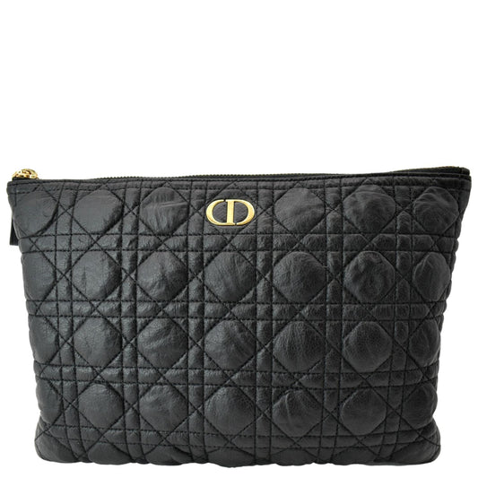 Dior Caro Daily Cannage Calfskin Zipped Pouch Handbag Black Travel Bag