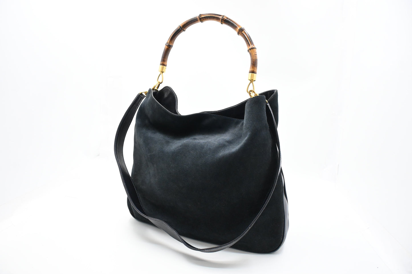 Gucci 2-Way Bamboo Dark Leather Suede Blue Tote Bag