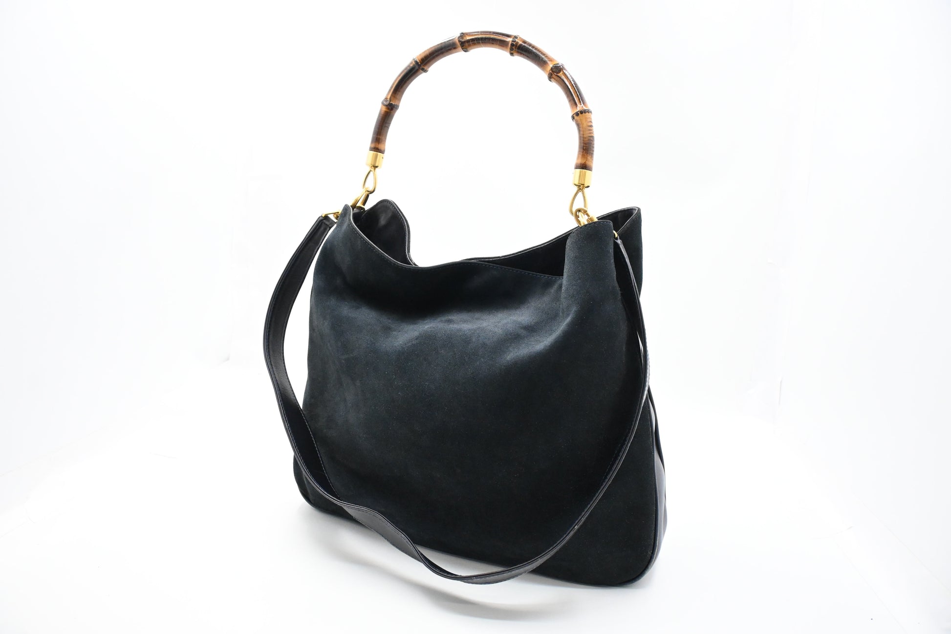Gucci 2-Way Bamboo Dark Leather Suede Blue Tote Bag