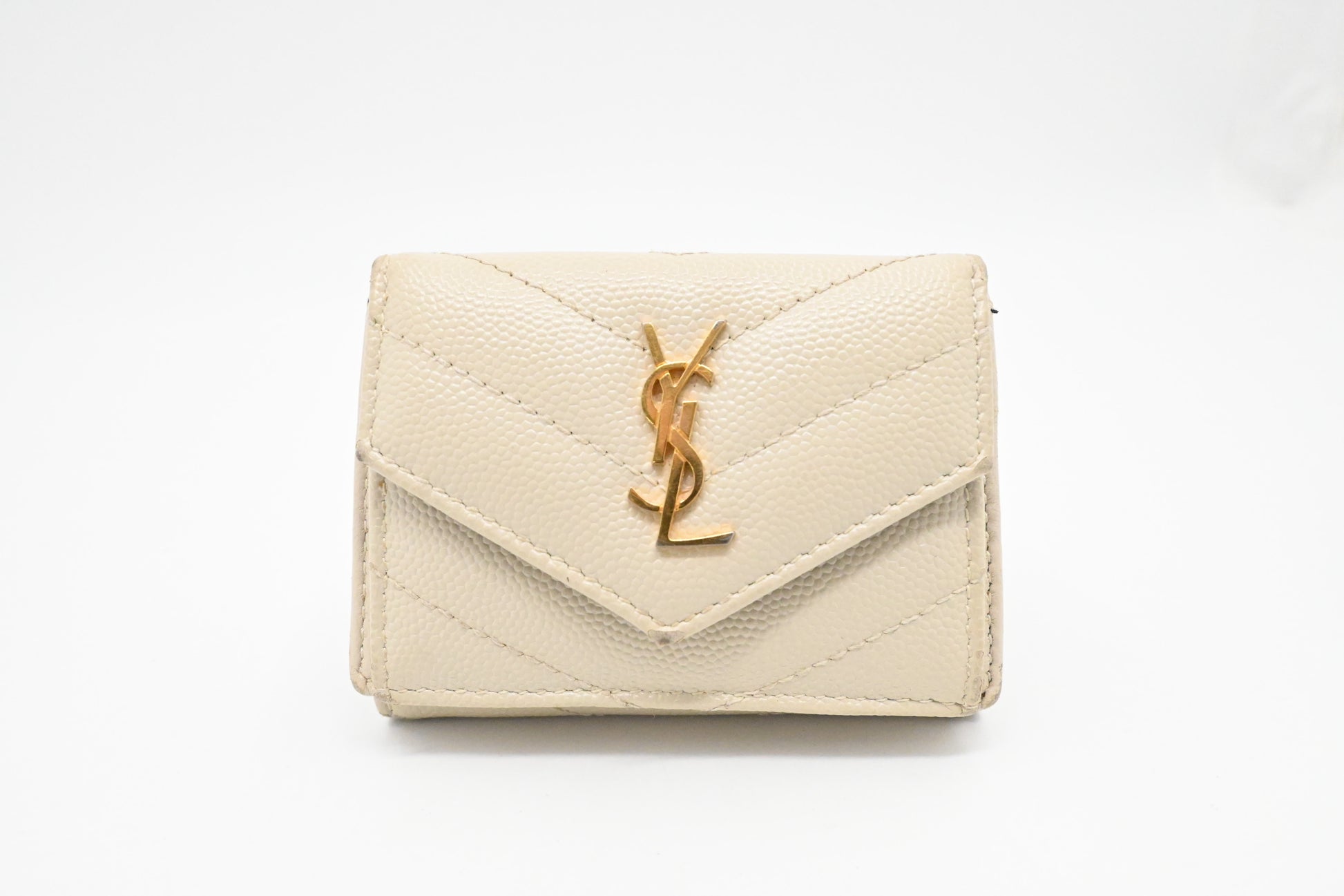 YSL Saint Laurent Compact Wallet In Grain De Poudre Travel Leather Cream Travel Bag