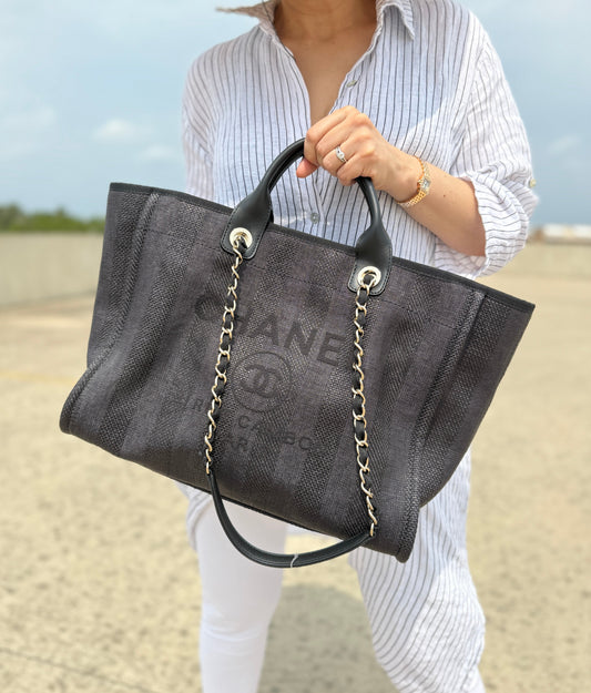 Chanel Deauville Straw Raffia Black Large Shopping Tote