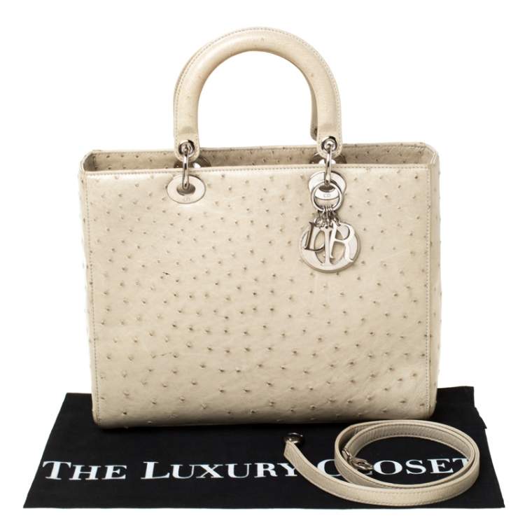 Dior Ostrich Lady Tote Handbag Leather Beige Tote Bag