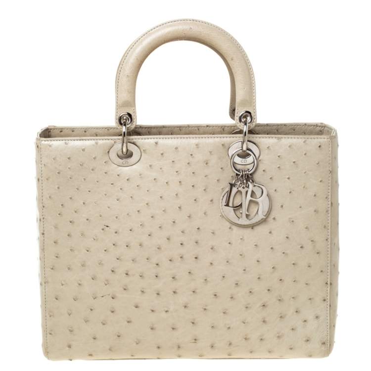 Dior Ostrich Lady Tote Handbag Leather Beige Tote Bag