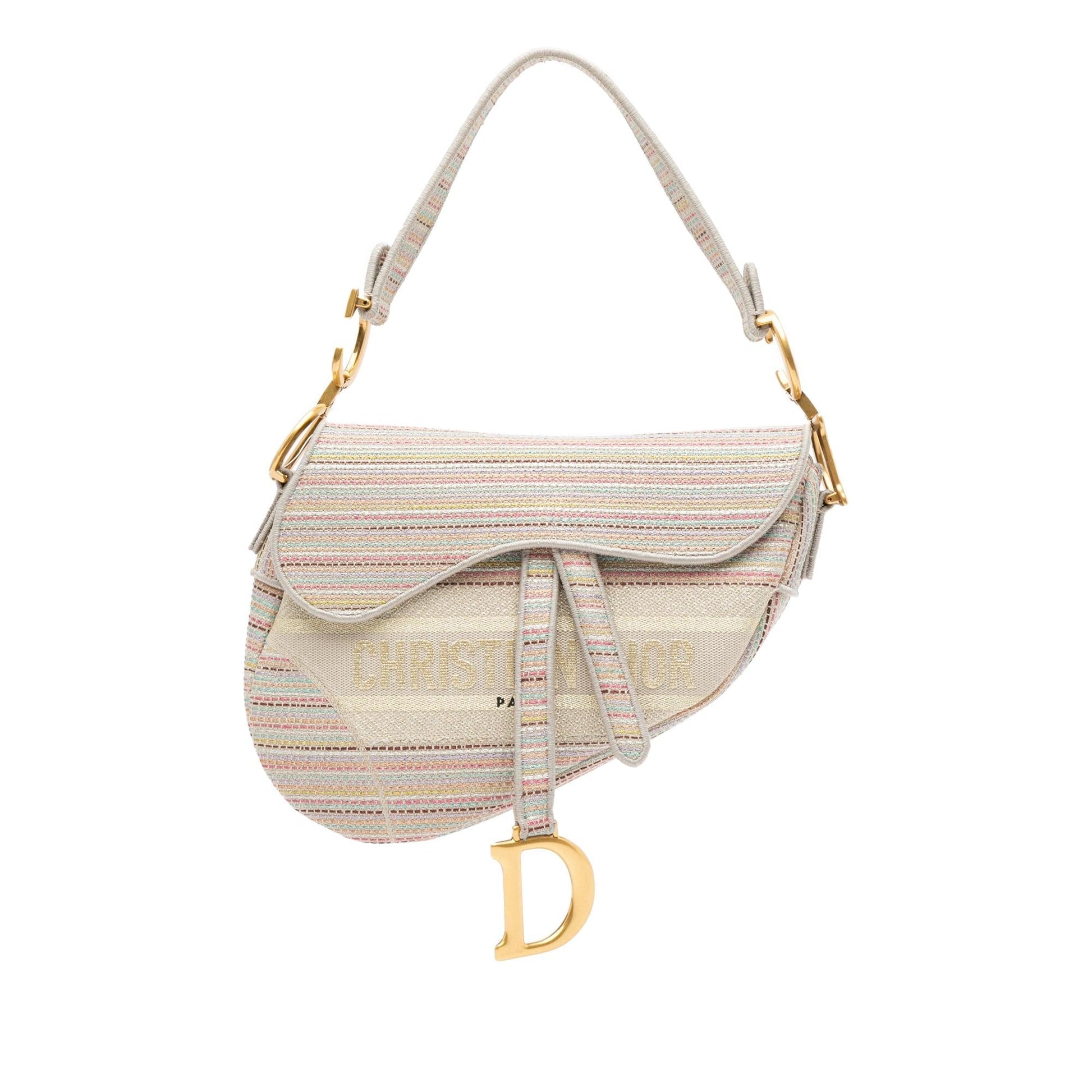 Dior Stripes Saddle Bag Canvas Embroidered Shoulder Bag
