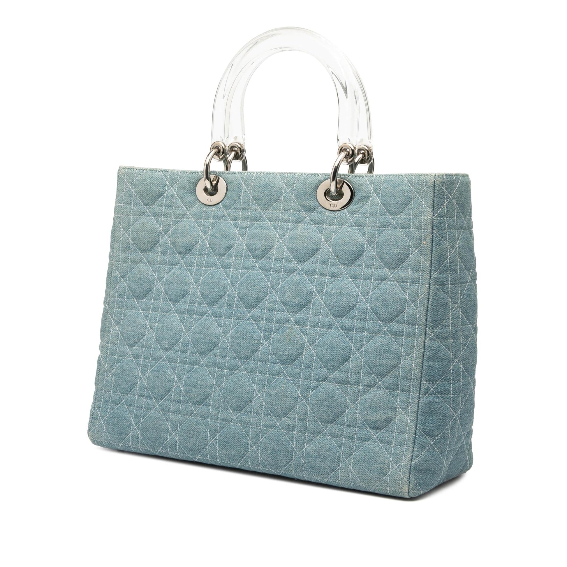 Dior Cannage Acrylic Handles Lady Satchel Bag Denim Large