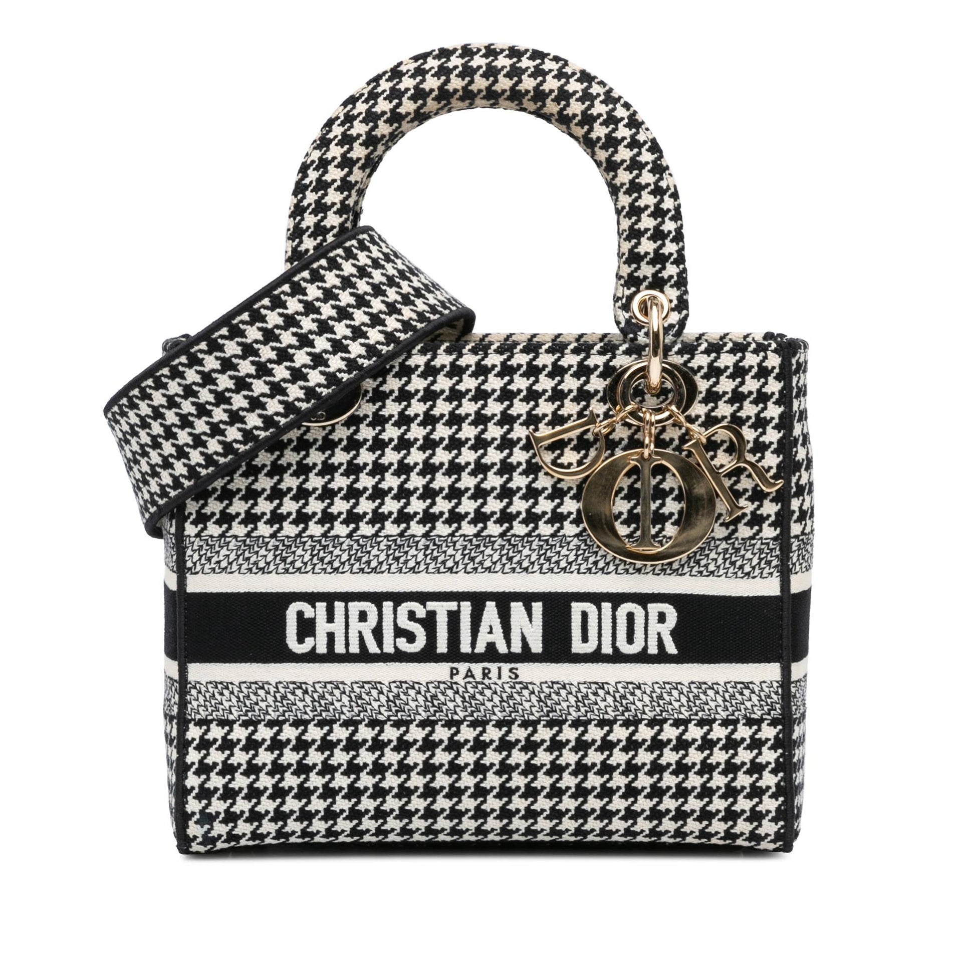 Dior Houndstooth Lady Lite Satchel Bag Canvas Medium Embroidered