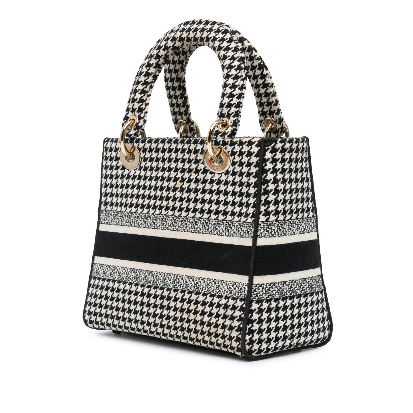 Dior Houndstooth Lady Lite Satchel Bag Canvas Medium Embroidered Lite Shg Kzfdga