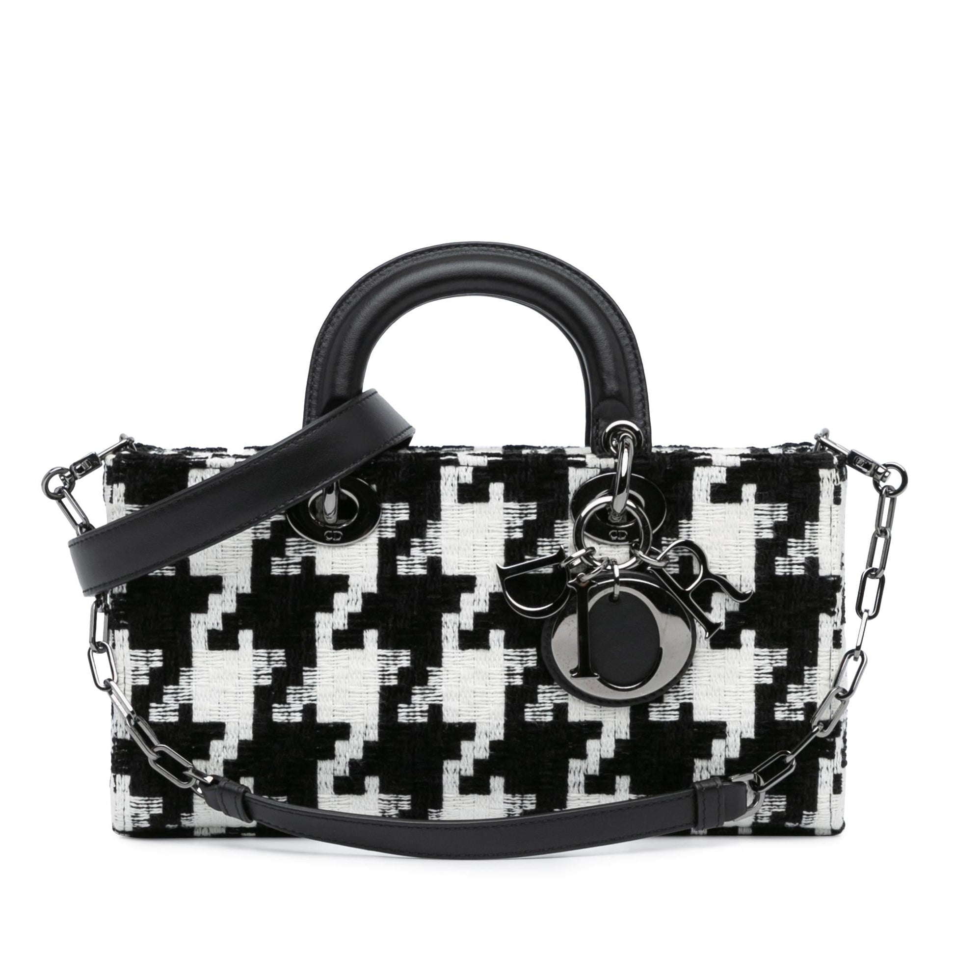 Dior Macro Houndstooth Lady Joy Satchel Bag Canvas Medium