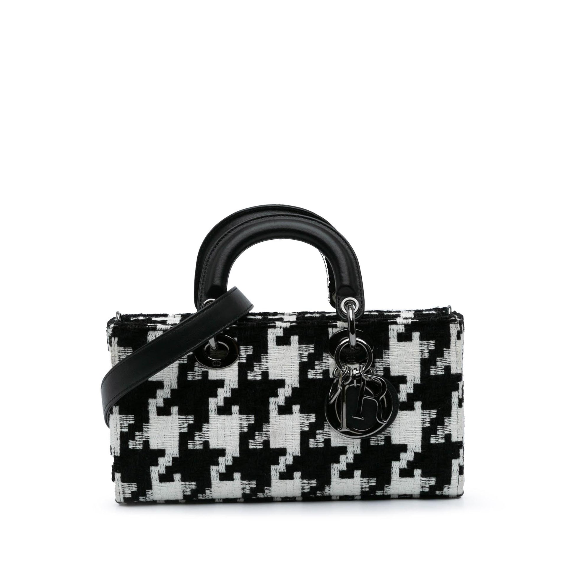 Dior Macro Houndstooth Lady Joy Satchel Bag Canvas Medium Lady D Joy