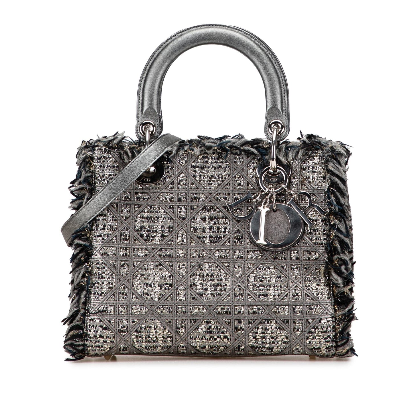 Dior Tweed Cannage Fringe Lady Satchel Bag Medium