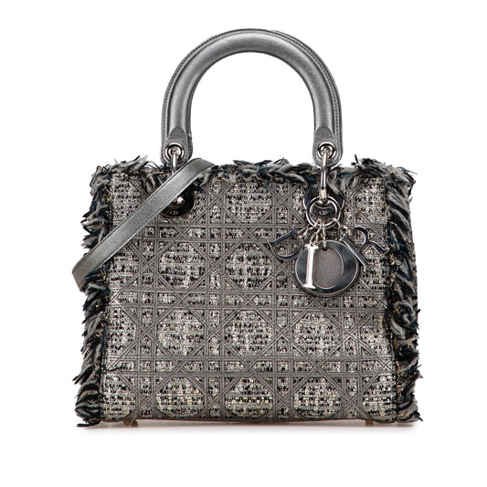 Dior Tweed Cannage Fringe Lady Satchel Bag Medium