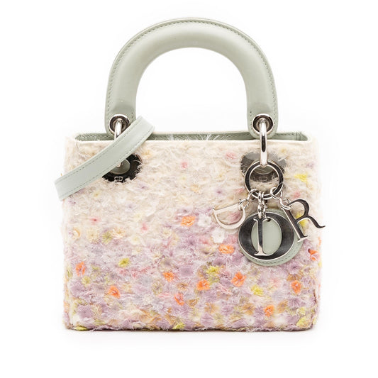 Dior Ruffled Floral Fabric Embellished Lady Satchel Bag Lambskin Mini