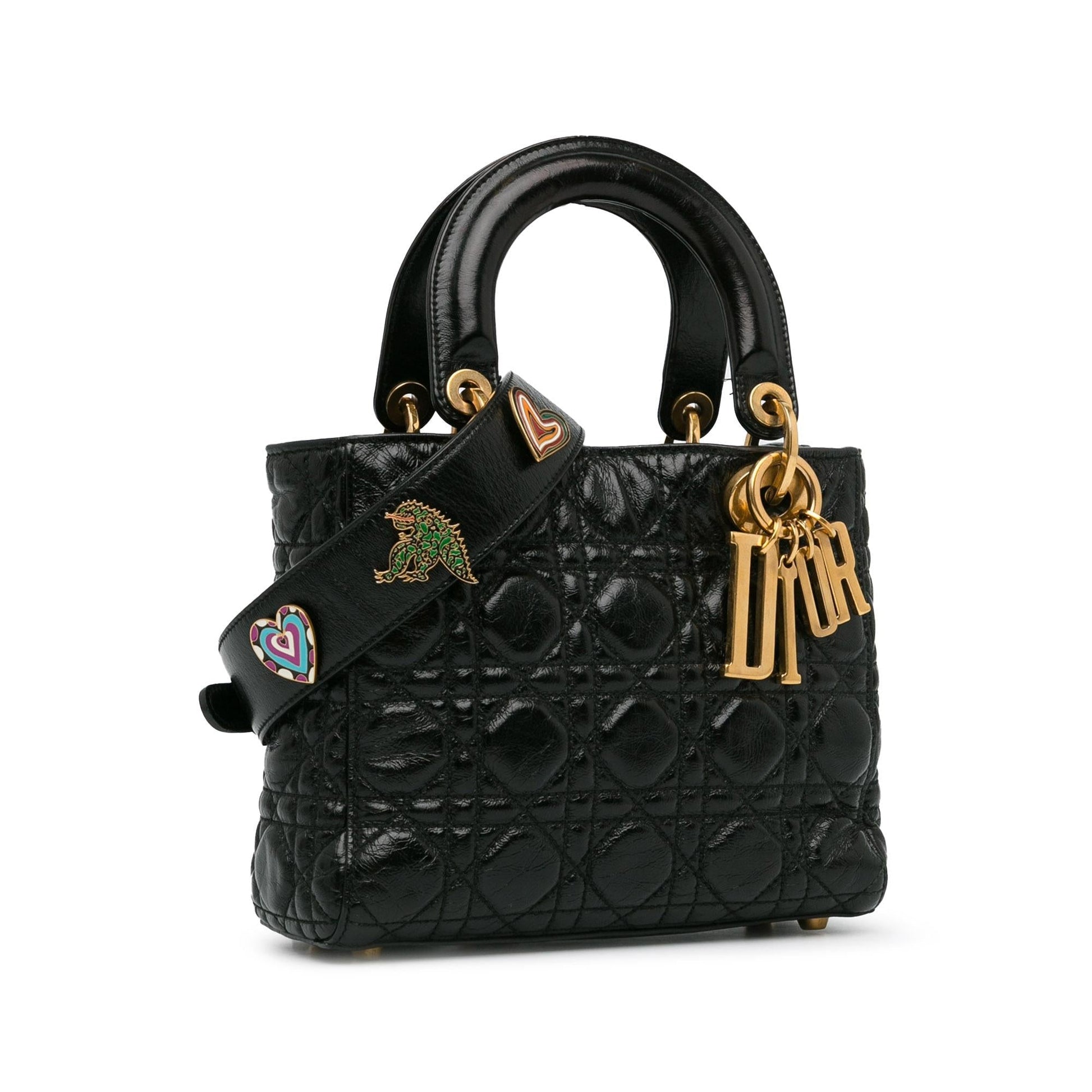 Dior Crinkled Cannage Lucky Badges My Lady Satchel Bag Patent Small