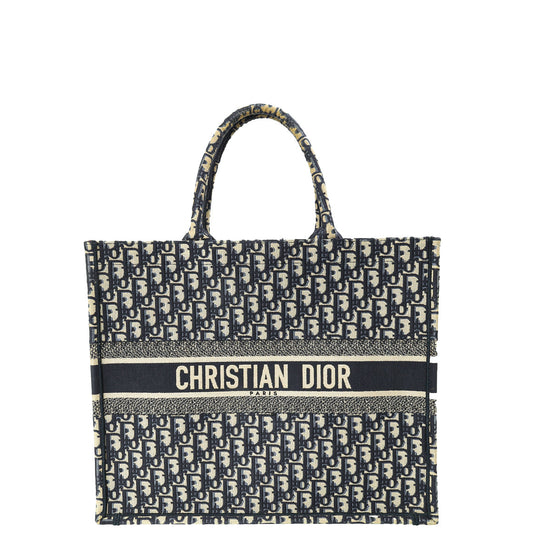 Dior Handbag Christian Oblique Book Tote Bag Blue Large Embroidered