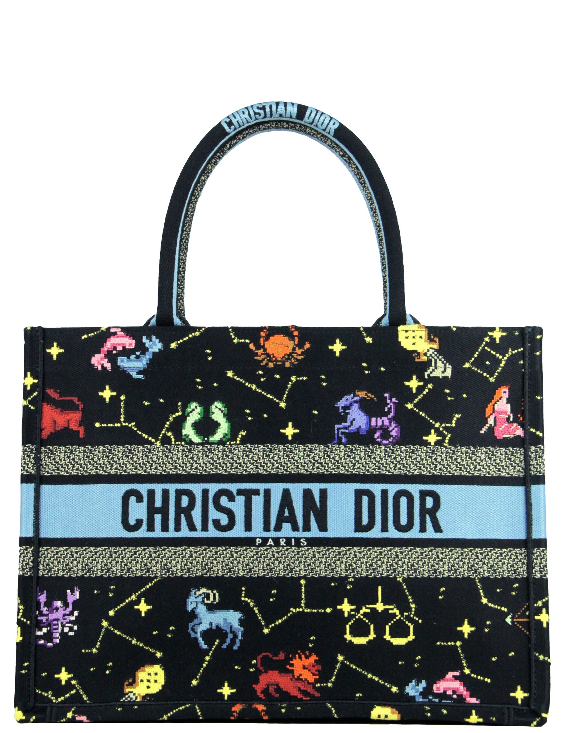 Dior Handbag Pixel Zodiac Embroidery Book Tote Bag Canvas Black Multicolor