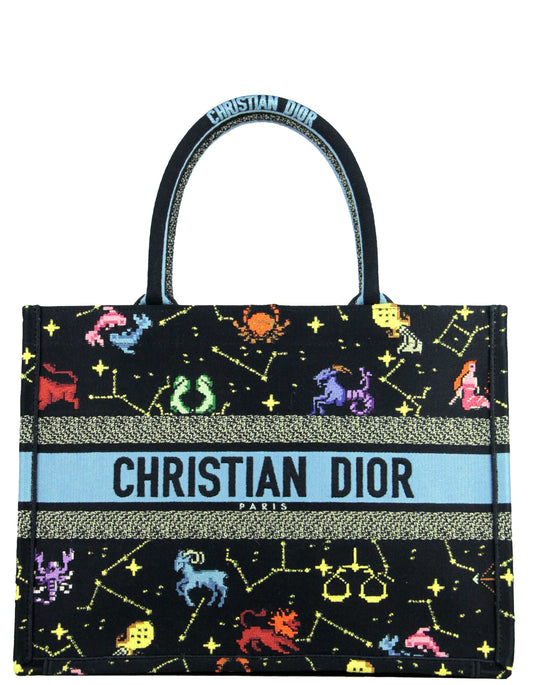Dior Handbag Pixel Zodiac Embroidery Book Tote Bag Canvas Black Multicolor