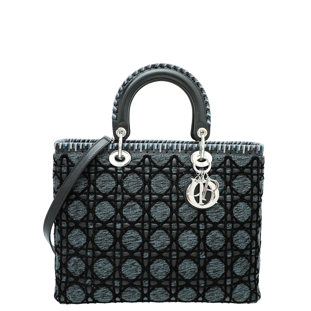 Dior Handbag Christian Tweed Velvet Whipstitch Lady Bag Black Large Shoulder Bag