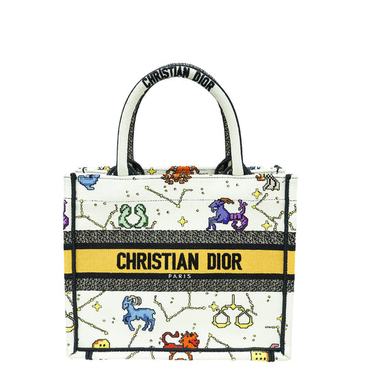 Dior Handbag Christian Pixel Zodiac Embroidery Book Tote Bag White Multicolor Small
