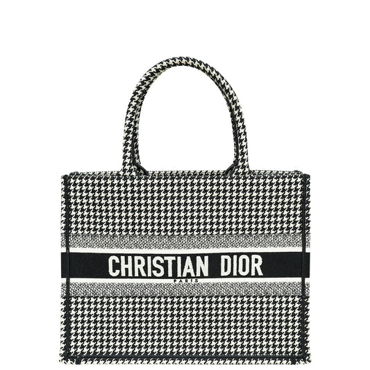 Dior Handbag Christian Bicolor Houndstooth Embroidery Book Tote Bag Medium Shoulder Bag