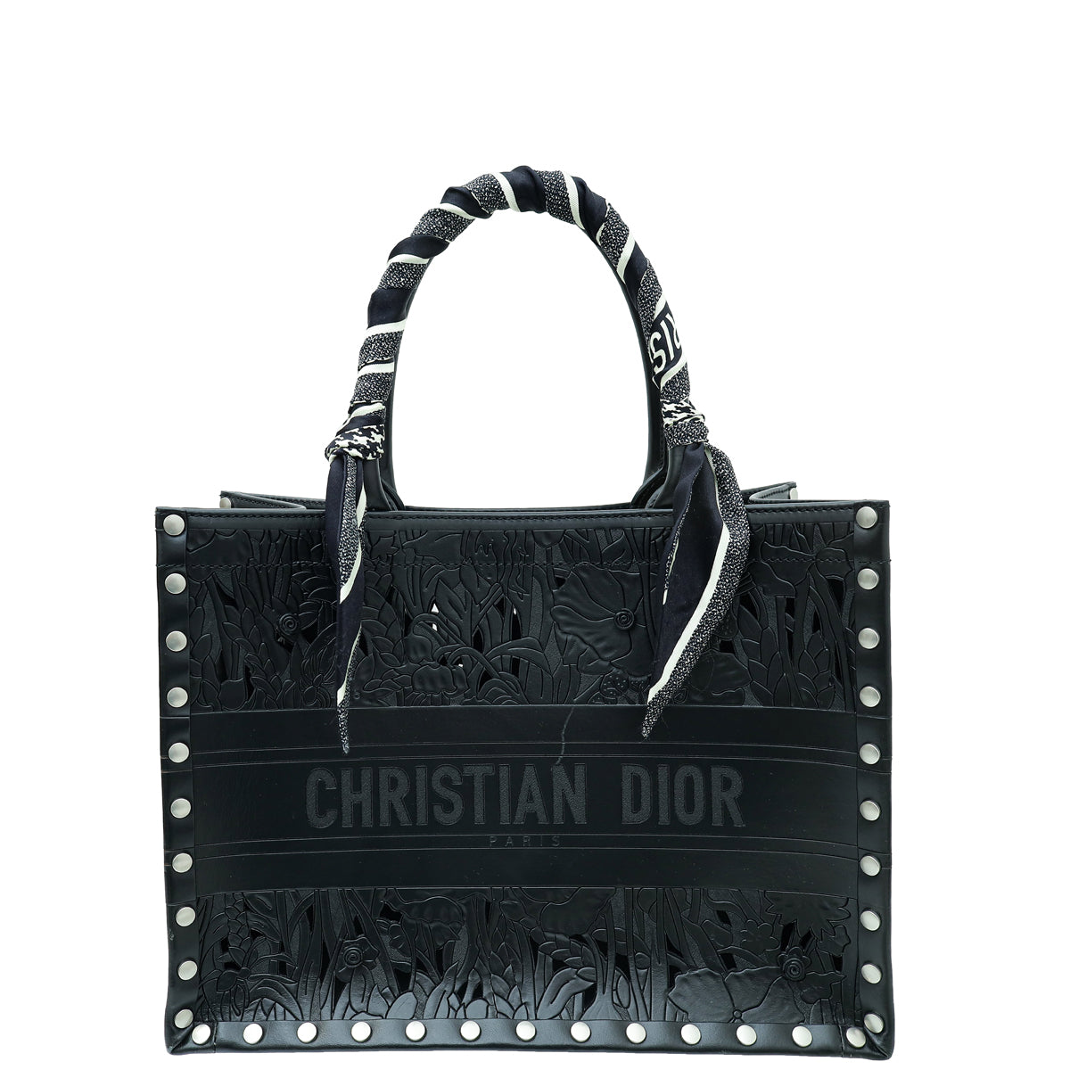 Dior Handbag Christian Laser Cut Studded Book Tote Bag Black Medium Scarf