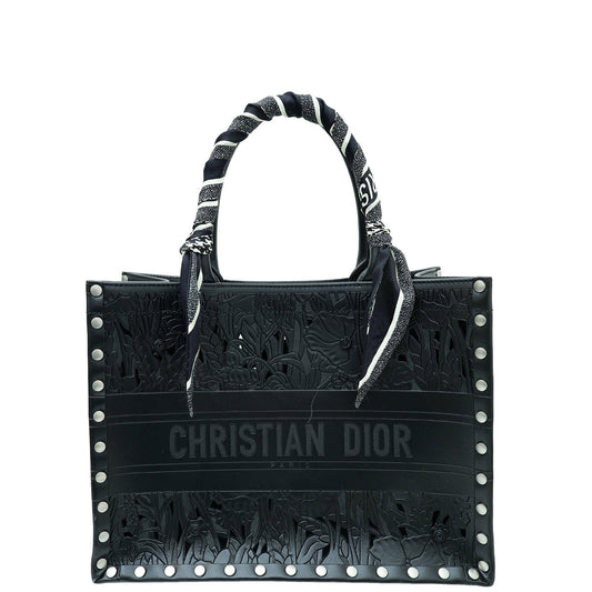 Dior Handbag Christian Laser Cut Studded Book Tote Bag Black Medium Scarf
