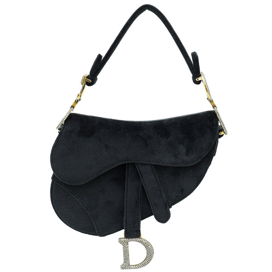 Dior Handbag Christian Velvet Saddle Crystal Bag Black Mini Shoulder Bag