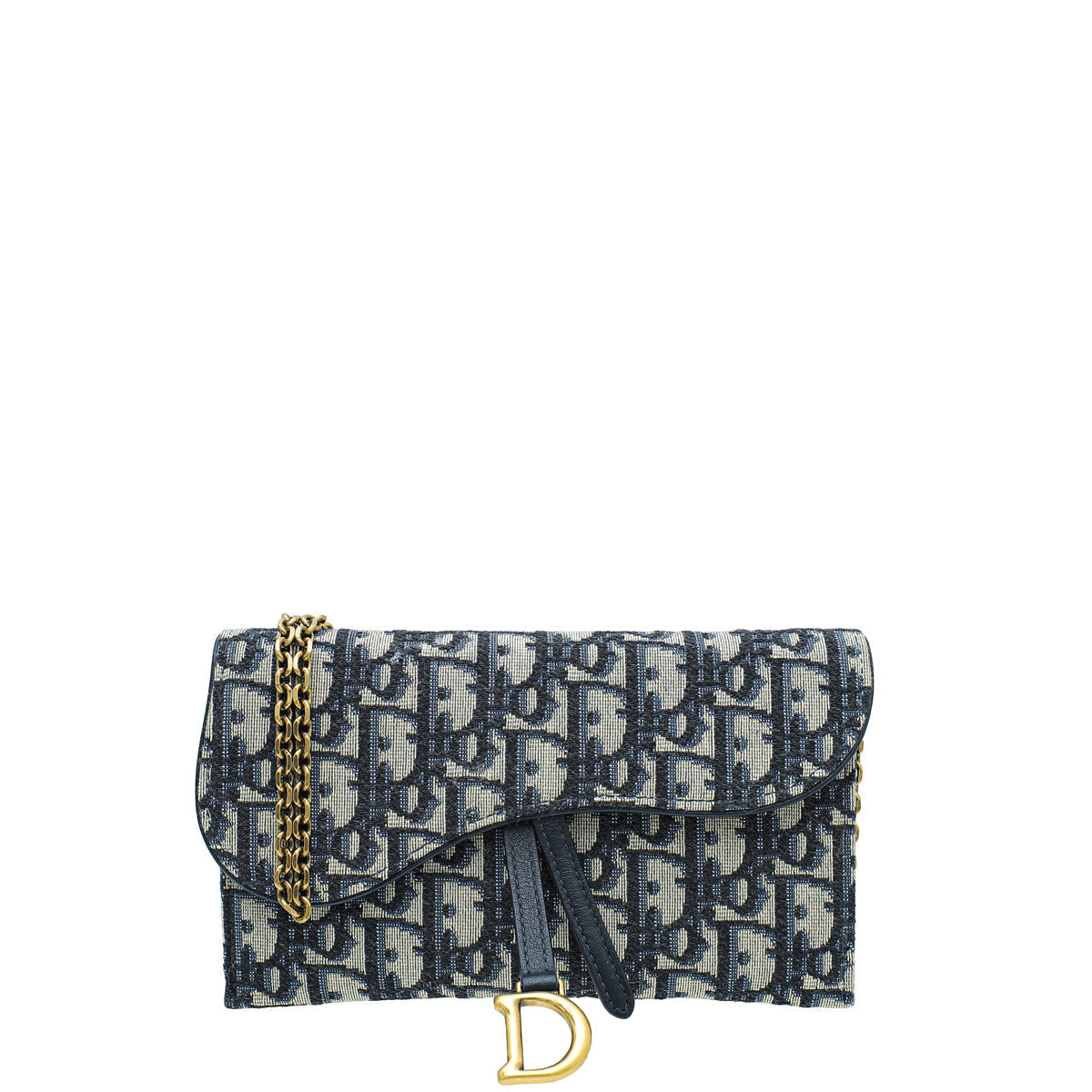 Dior Shoulder Bag Christian Aged Oblique Jacquard Saddle Wallet Navy Chain