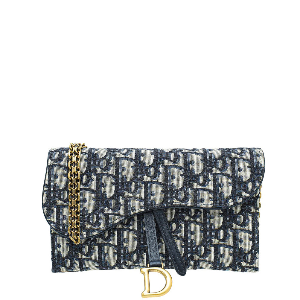 Dior Shoulder Bag Christian Oblique Saddle Long Wallet with Blue Navy Chain