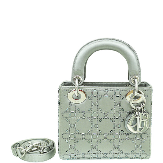 Dior Handbag Christian Grey Strass Cannage Lady Bag 2 Satin Gray Mini Shoulder Bag