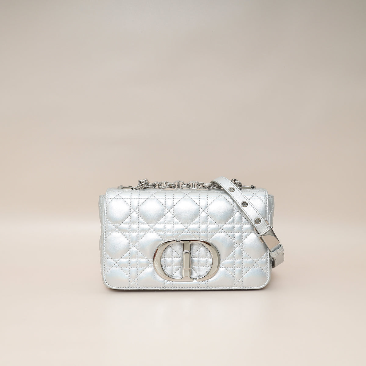 Dior Handbag Christian Metallic Caro Bag Silver Small Shoulder Bag