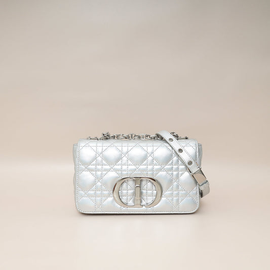 Dior Handbag Christian Metallic Caro Bag Silver Small Shoulder Bag