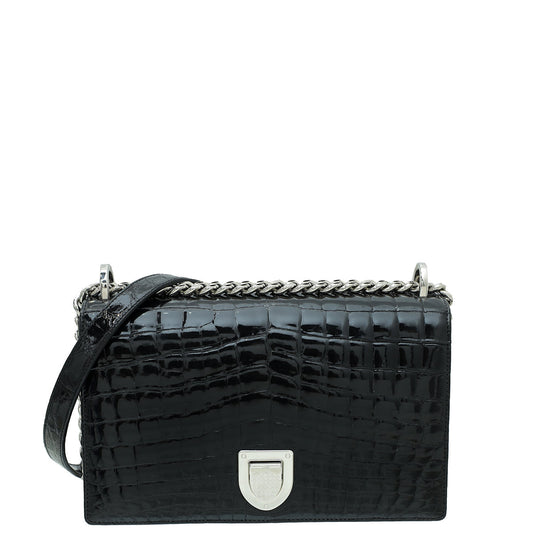 Dior Handbag Christian Shiny Crocodile ama Bag Black Medium Flap Shoulder Bag