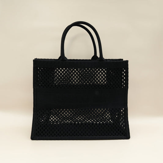Dior Handbag Christian Mesh Book Tote Bag Black Large Embroidered