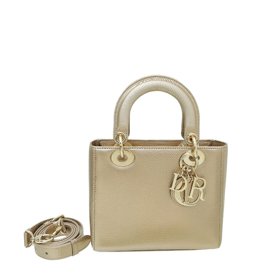 Dior Handbag Christian Metallic Champagne Lizard Lady Bag Small Shoulder Bag