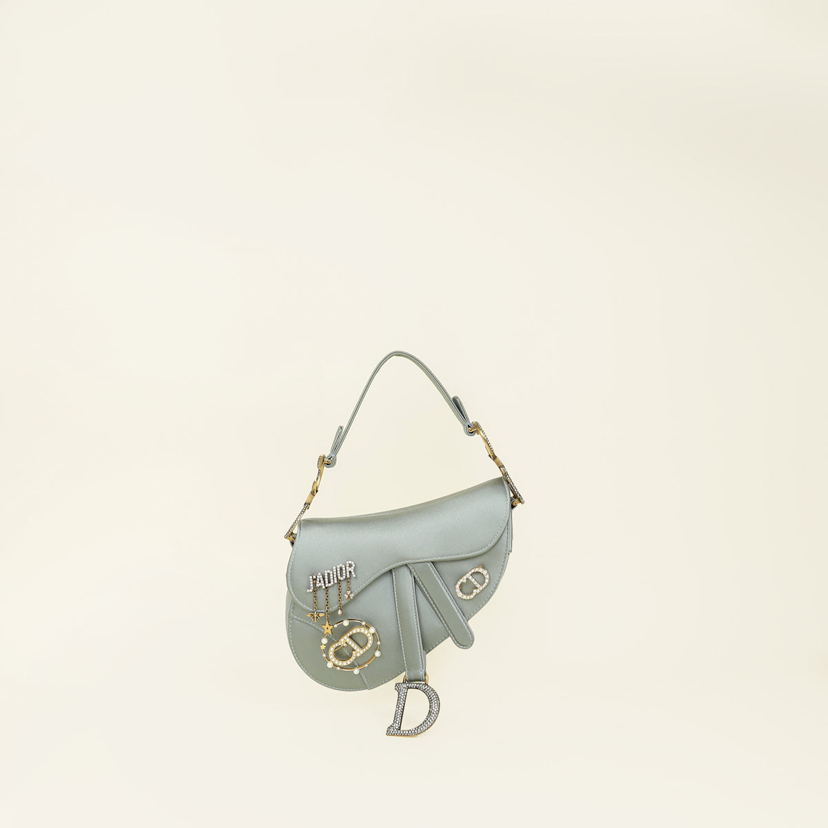 Dior Handbag Christian Grey Saddle Crystal Embellished Brooch Bag Satin Gray Mini Mini Bag