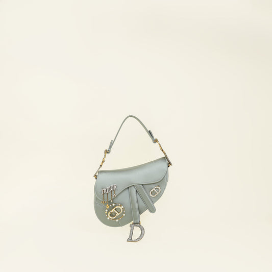 Dior Handbag Christian Grey Saddle Crystal Embellished Brooch Bag Satin Gray Mini Mini Bag
