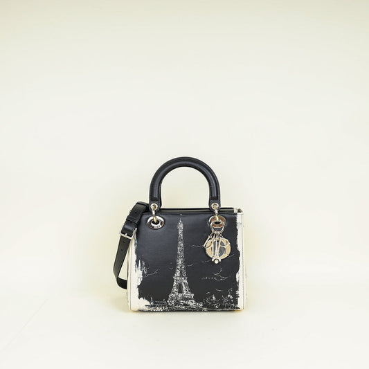 Dior Handbag Christian Bicolor Lady Paris Print and Rhinestone Medium Shoulder Bag