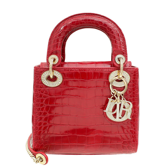 Dior Handbag Christian Alligator Lady Crystal Bag Red Mini Shoulder Bag