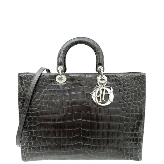 Dior Handbag Christian Dark Grey Crocodile Haute Maroquinerie Lady Gray Shoulder Bag
