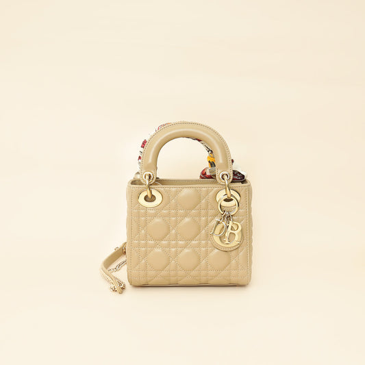 Dior Handbag Christian Dark Lady Bag w Twilly Beige Mini Chain Scarf