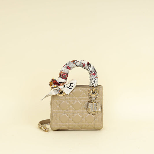 Dior Handbag Christian Lady Bag w Twilly Beige Mini Chain Scarf