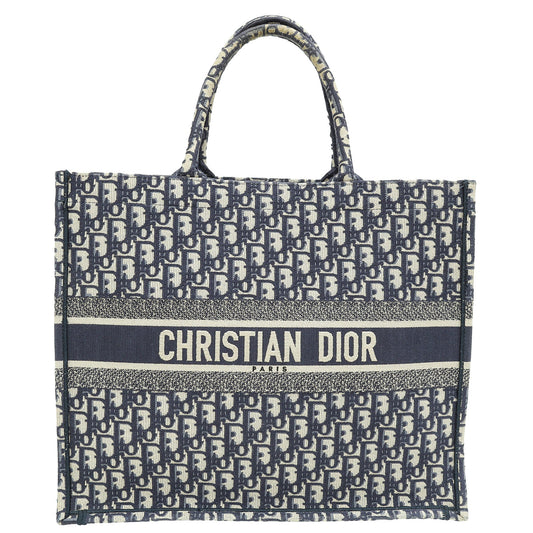 Dior Handbag Christian Oblique Book Tote Bag 2 Blue Navy Large