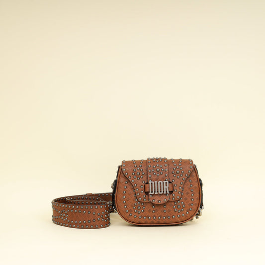 Dior Handbag Christian Cannage Studded D-Fence Saddle Bag Brown Embossed Shoulder Bag